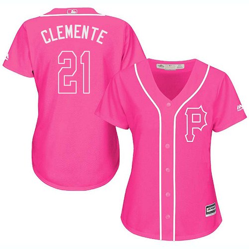 Pirates #21 Roberto Clemente Pink Fashion Women's Stitched MLB Jersey - Click Image to Close